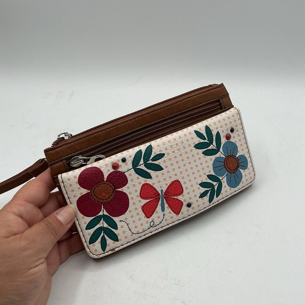 Relic Floral Butterfly RFID Checkbook Wallet Wristlet Clutch Brown NWT